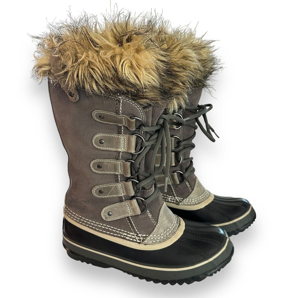 Sorel Winter Snow Boots Womens Size 6 Joan of Arctic Tall Grey Black Faux Fur